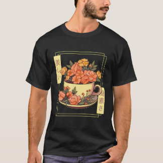 Camiseta Vintage Cottagecore Japão Flor de Taça de Chá