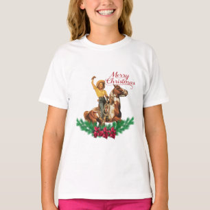 Camiseta Vintage Cowgirl No Cavalo Acenando Feliz Natal