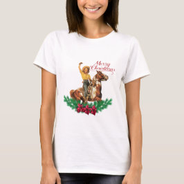Camiseta Vintage Cowgirl No Cavalo Acenando Feliz Natal