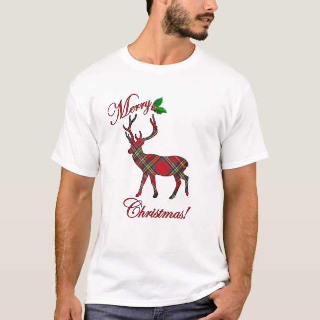 Camiseta Vintage Design Xadrez Patterno Deer Feliz Natal (Frente)