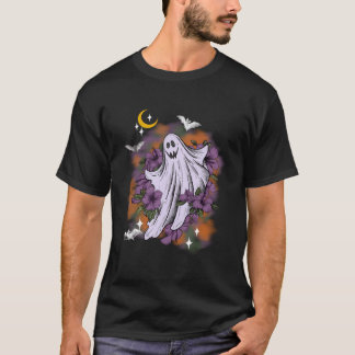 Camiseta Vintage Floral Fantasma Fofo Halloween Mulheres Cr