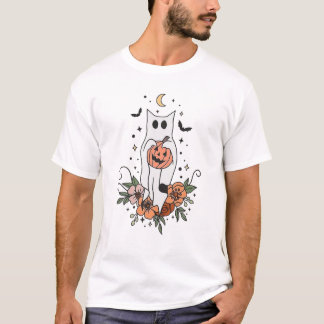 Camiseta Vintage Floral Ghost Cat Halloween Graphic