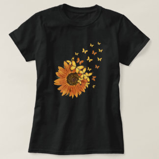 Camiseta Vintage Girassol Amarelo Laranja Borboleta Floral