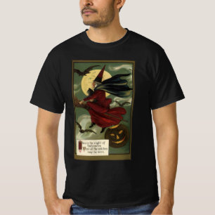 Camiseta Vintage Halloween Bruxa Andando Broomstick com Cat