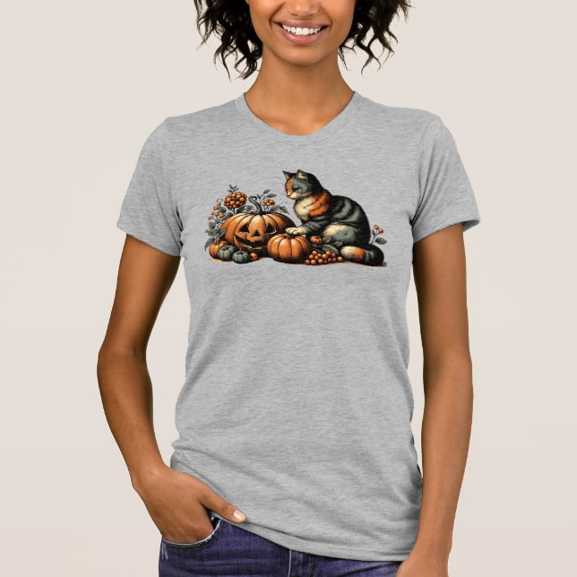Camiseta Vintage Halloween Cat e Pumpkin (Frente)