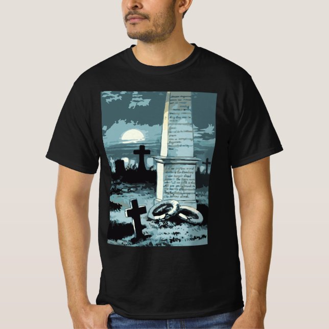Camiseta Vintage Halloween, Cemitério assustador com Graves (Frente)