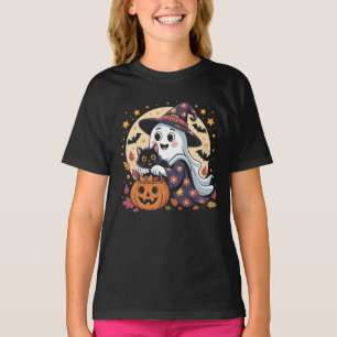 Camiseta Vintage Halloween Ghost Segurando Groovy Gato Negr
