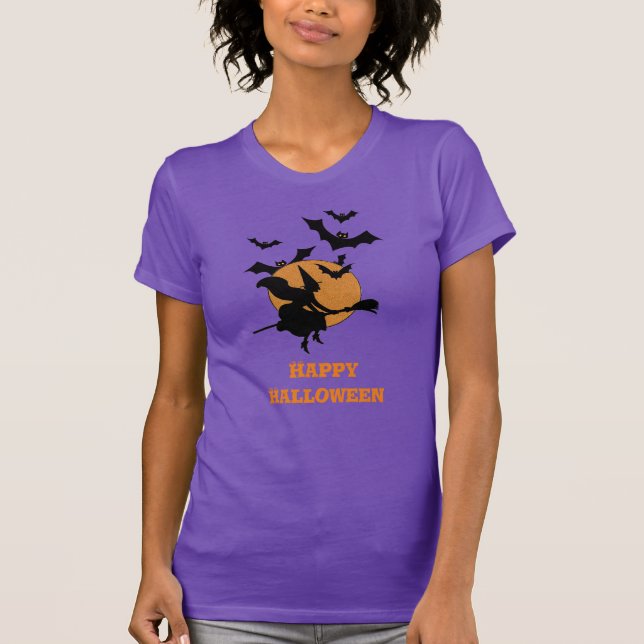 Camiseta Vintage Halloween Voando Bruxa com Bats (Frente)