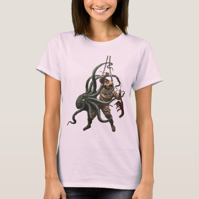 Camiseta Vintage Helmet Diver com lagosta e polvo (Frente)