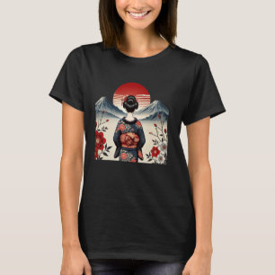 Camiseta Vintage Japonês Art sunset Mountain Floral Geisha