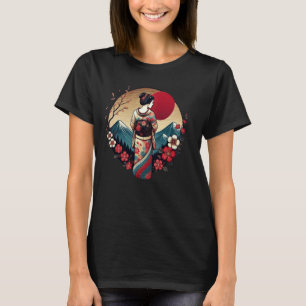 Camiseta Vintage Japonês Art sunset Mountain Floral Geisha