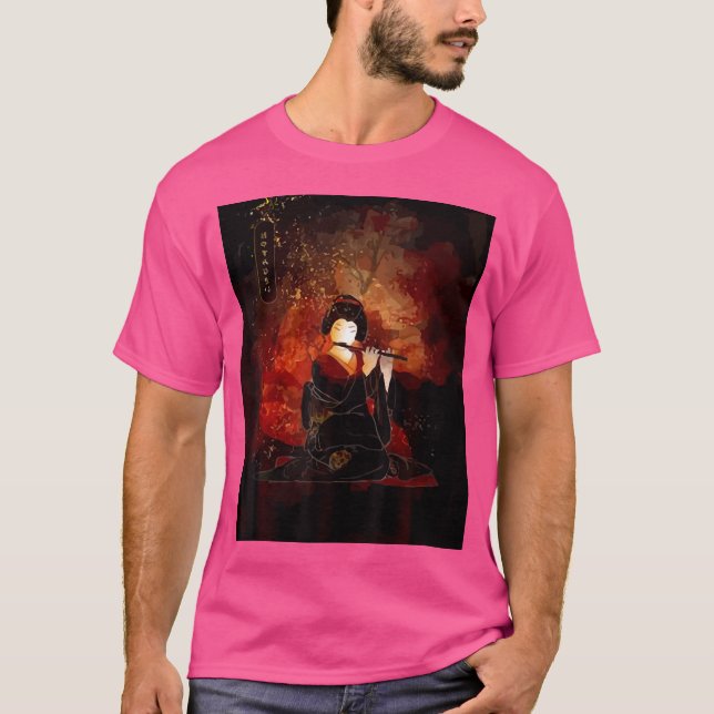 Camiseta Vintage Japonês Geisha Jogando Shakuhachi Flute (Frente)