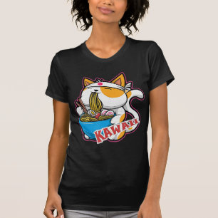 Camiseta vintage kawaii cat eating ramen anime retro Japane