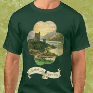 Camiseta Vintage Lucky Dourada Shamrock com um castelo irla