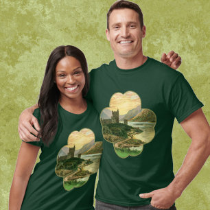 Camiseta Vintage Lucky Dourada Shamrock com um castelo irla