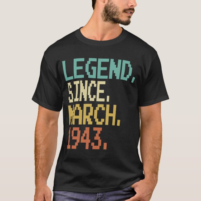 Camiseta Vintage March 1943 Birthday, 80 Anos (Frente)