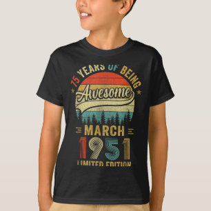 Camiseta Vintage Março 1951 Velho Aniversário de 75 anos Ho
