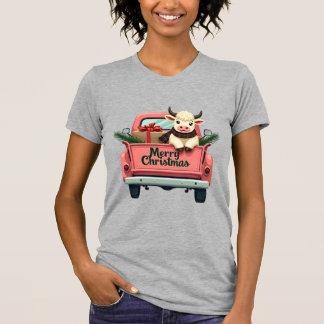 Camiseta Vintage Merry Christmas Highland Cow in Pink Farm 