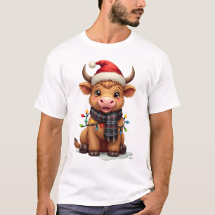 Camiseta Vintage Natal Vaca das Terras Altas com Chapéu de 