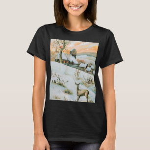 Camiseta Vintage neve, paisagem de inverno com veado