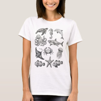 Camiseta Vintage Ocean Life Engraving Illustration