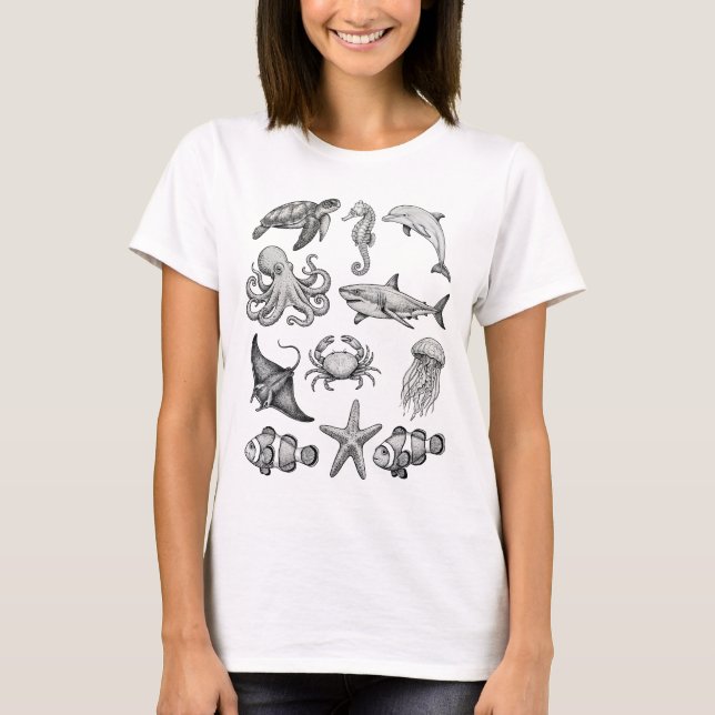 Camiseta Vintage Ocean Life Engraving Illustration (Frente)