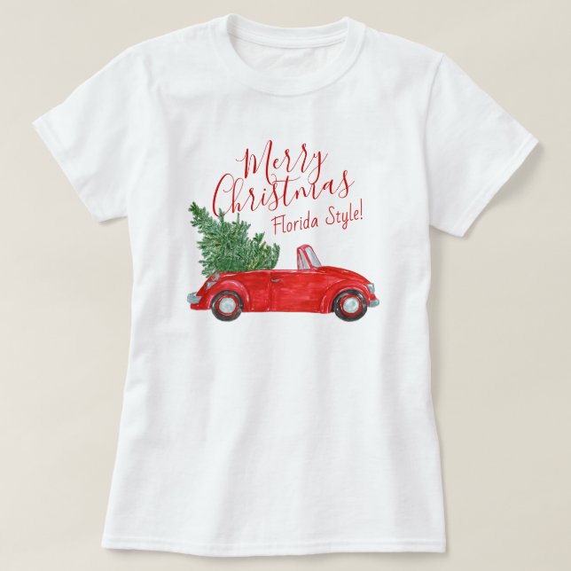 Camiseta Vintage Red Car Feliz #Natal #Estilo da Flórida (Frente do Design)