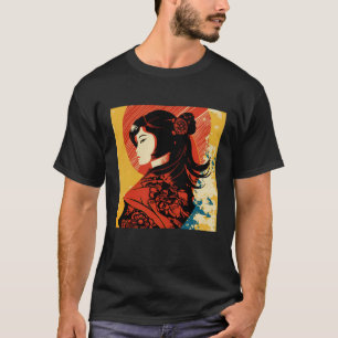 Camiseta Vintage Retro Geisha Kimono Japonês Samurai Femal