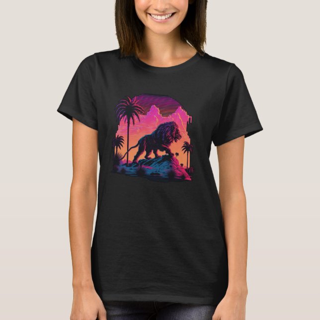 Camiseta Vintage Retrowave Synthwave 80s Lion Vaporwave (Frente)