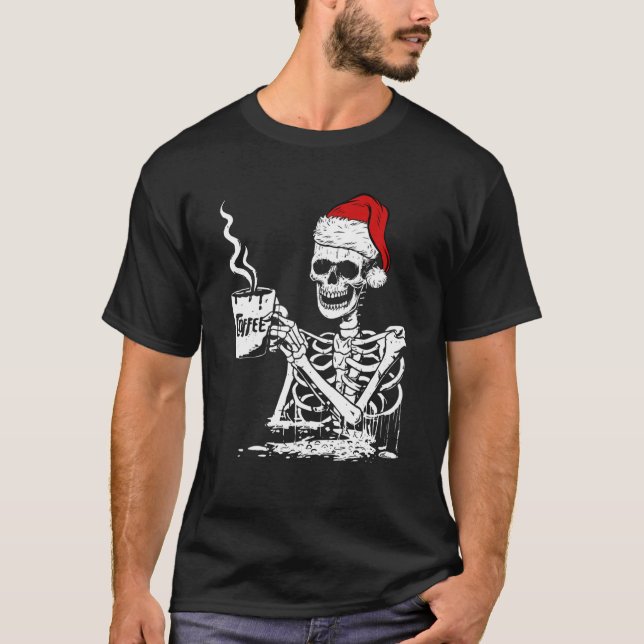 Camiseta Vintage Santa Skeleton Drinking Coffee Funny Chris (Frente)