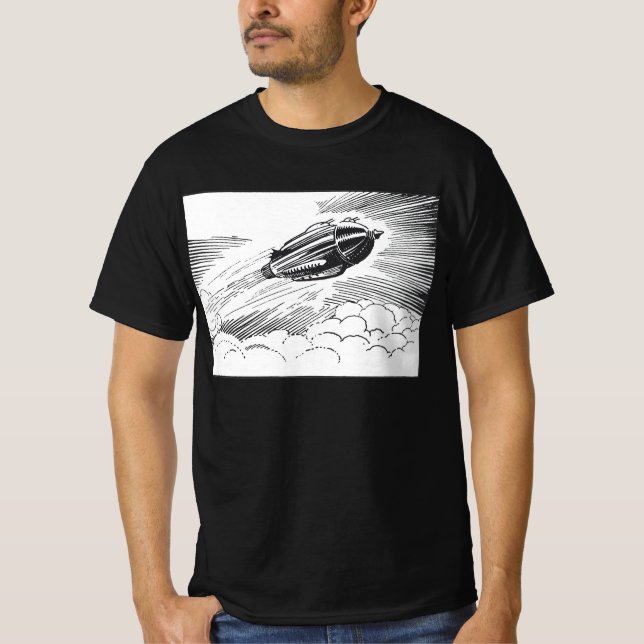 Camiseta Vintage Science Ficeship Rocket in Clouds (Frente)