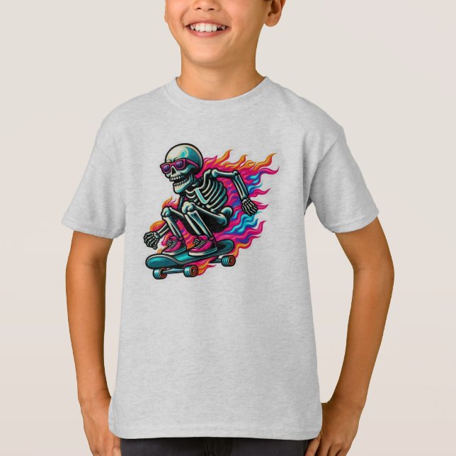 Camiseta Vintage Skeleton em Skateboard boys Halloween (Frente)