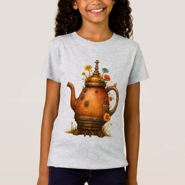 Camiseta Vintage Steampunk Teapot Floral Art (Frente)