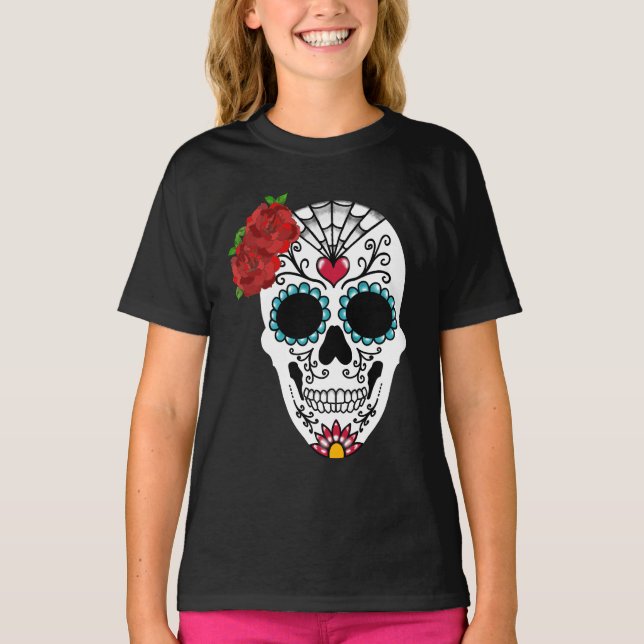 Camiseta Vintage Sugar Skull Rosa vermelha (Frente)