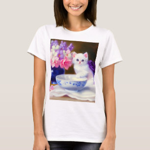 Camiseta Vintage White Kitten com Fita Roxa