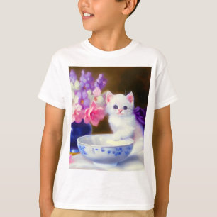 Camiseta Vintage White Kitten com Fita Roxa