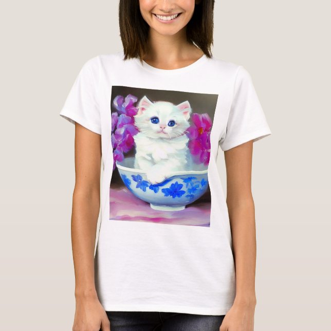 Camiseta Vintage White Kitten com Flores Rosa (Frente)