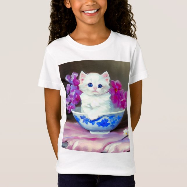 Camiseta Vintage White Kitten com Flores Rosa (Frente)
