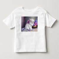 Vintage White Kitten com Flores Rosa e Púrpura