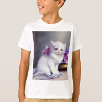 Vintage White Kitten com Flores Rosa e Púrpura
