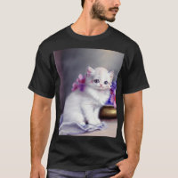 Vintage White Kitten com Flores Rosa e Púrpura