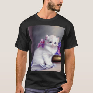 Camiseta Vintage White Kitten com Flores Rosa e Púrpura