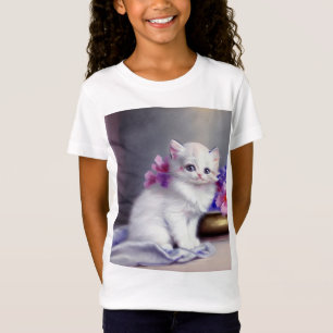Camiseta Vintage White Kitten com Flores Rosa e Púrpura