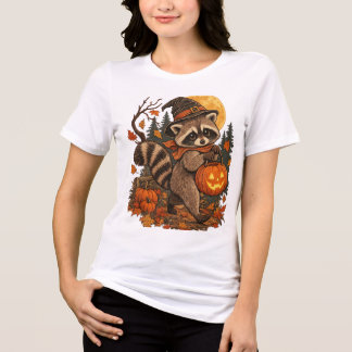 Camiseta Vintage Witch Raccoon Halloween Abóbora Outono Out