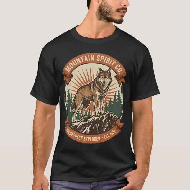 Camiseta Vintage Wolf Mountain Spirit - Wilderness Explorer (Frente)