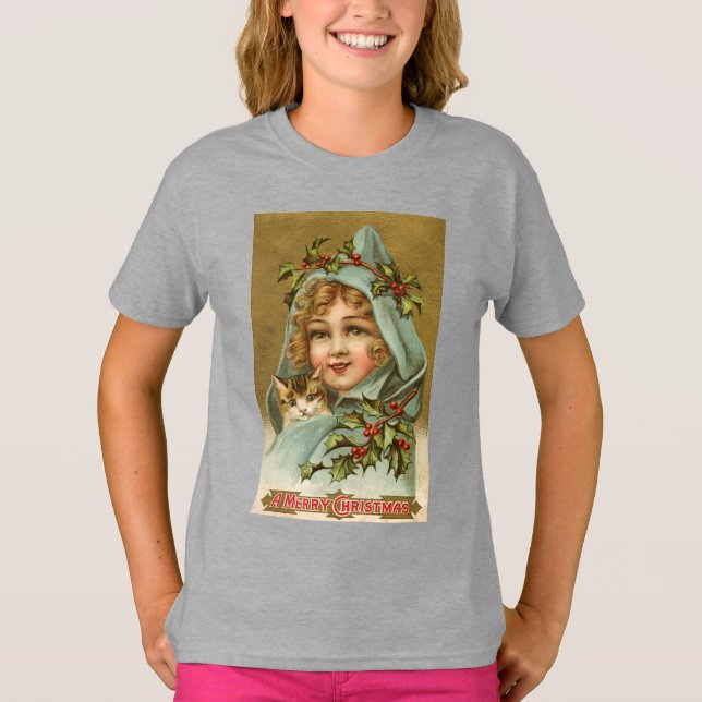 Camiseta Vintage Young Lady Christmas Kitten Girl (Frente)