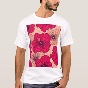 Camiseta Vintagem de Flores de Hibisco Desenhadas à Mão