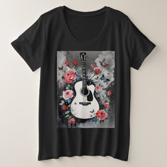 Camiseta Violão acústico com Rosas e borboletas (Frente do Design)