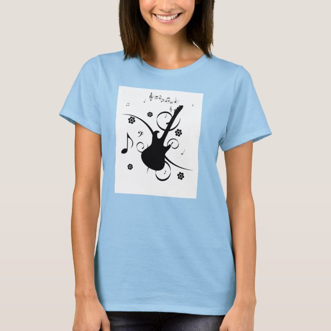 Camiseta Violão branco e notas musicais em alto círculo fem (Frente)