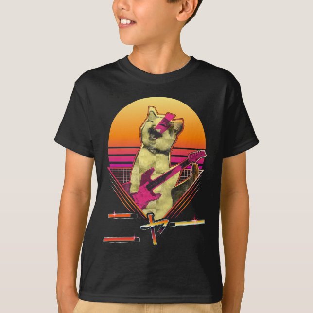 Camiseta Violão Elétrico de Vaporwave Japonês tocando Cat M (Frente)